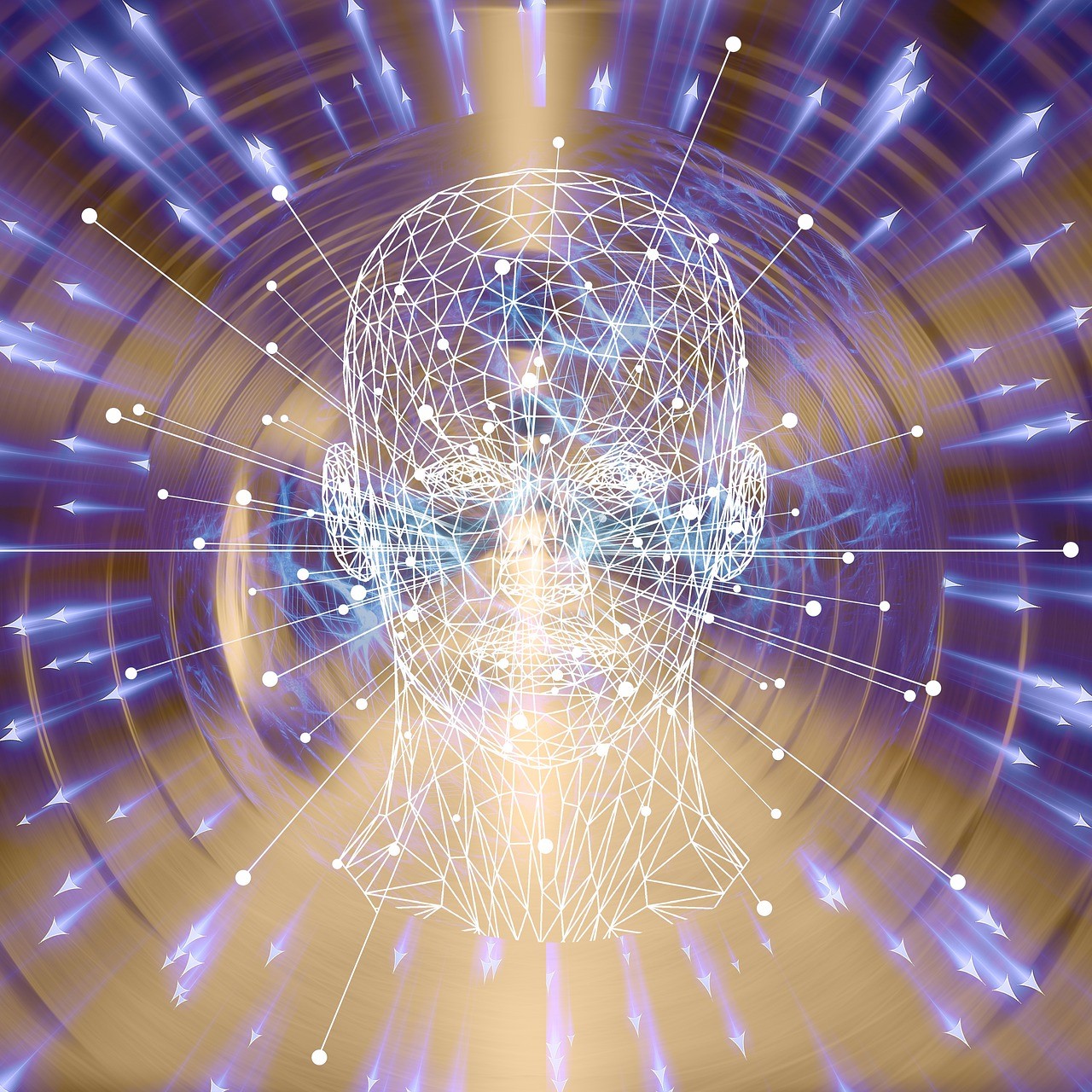 Image représentant une visage humain en transparence, traversé de flux lumineux