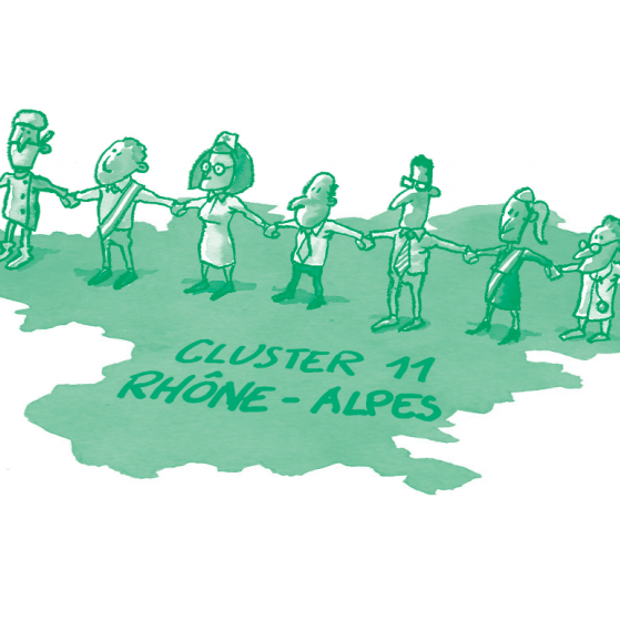 Illustration d'une chaîne de personnes debout sur la région Rhône-Alpes où il est inscrit "cluster 11"