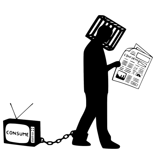 Illustration représentant un individu enchaîné à son téléviseur annonçant "consume". Le sujet à en même temps la tête dans une cage et un journal sous les yeux. 