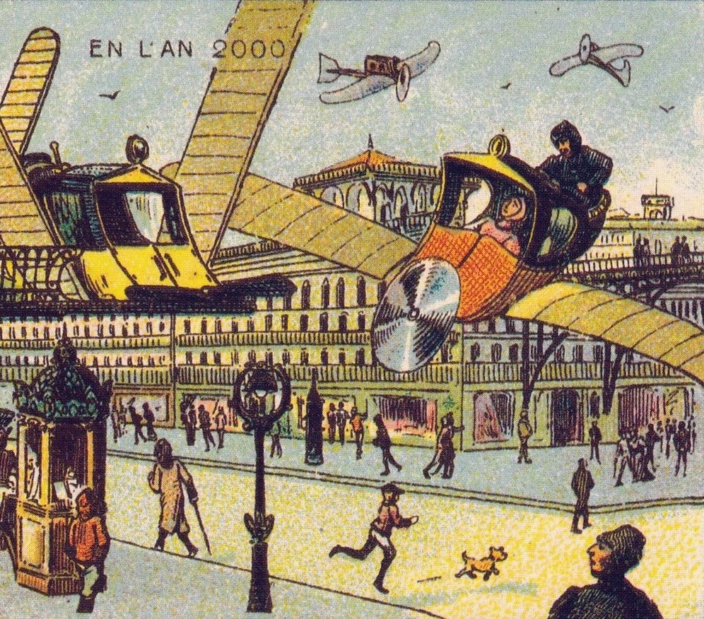 Illustration d'une ville imaginée dans les années 2000 avec des taxis volants et des arrêts spéciaux pour les taxis volants