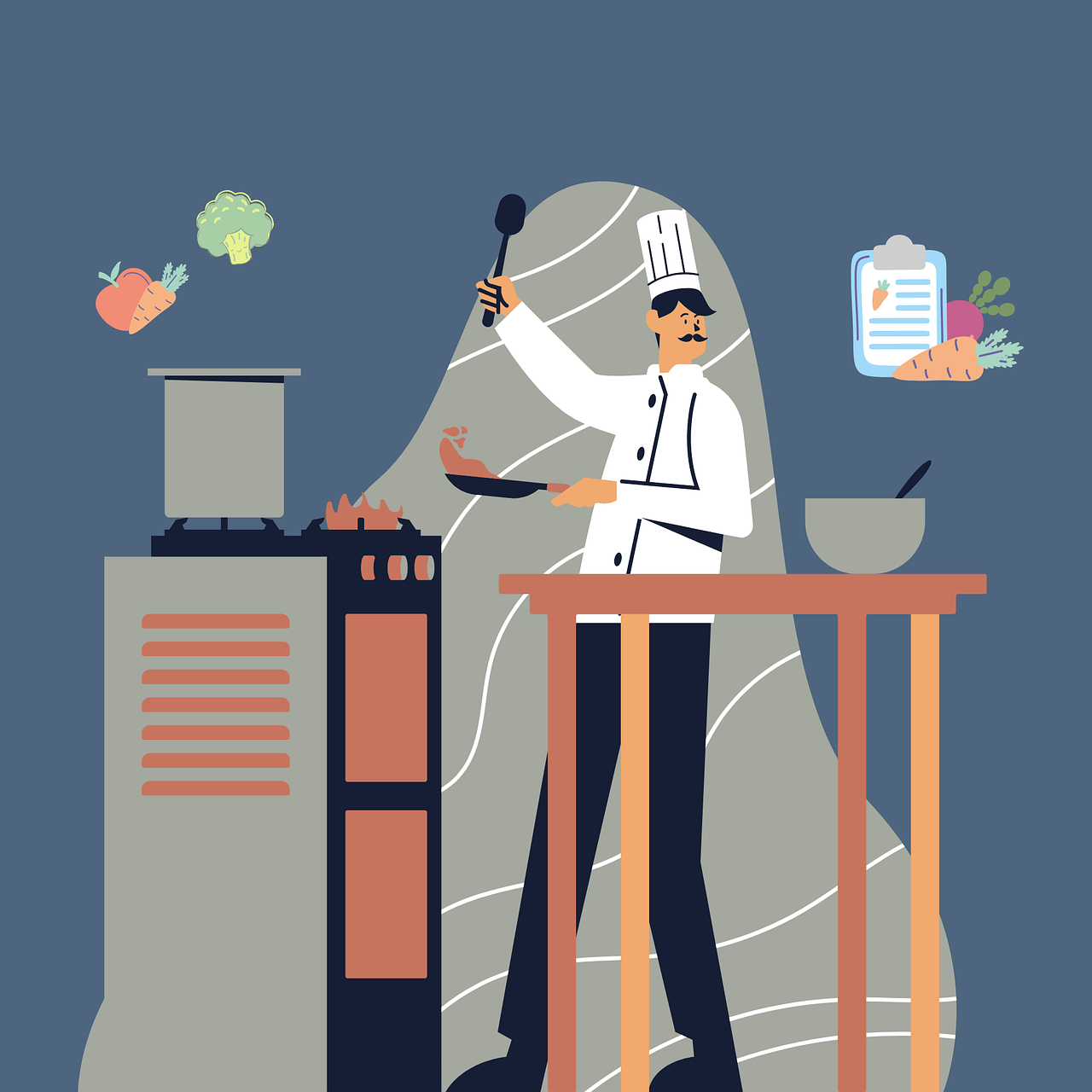 Illustration représentant un cuisinier dans sa cuisine