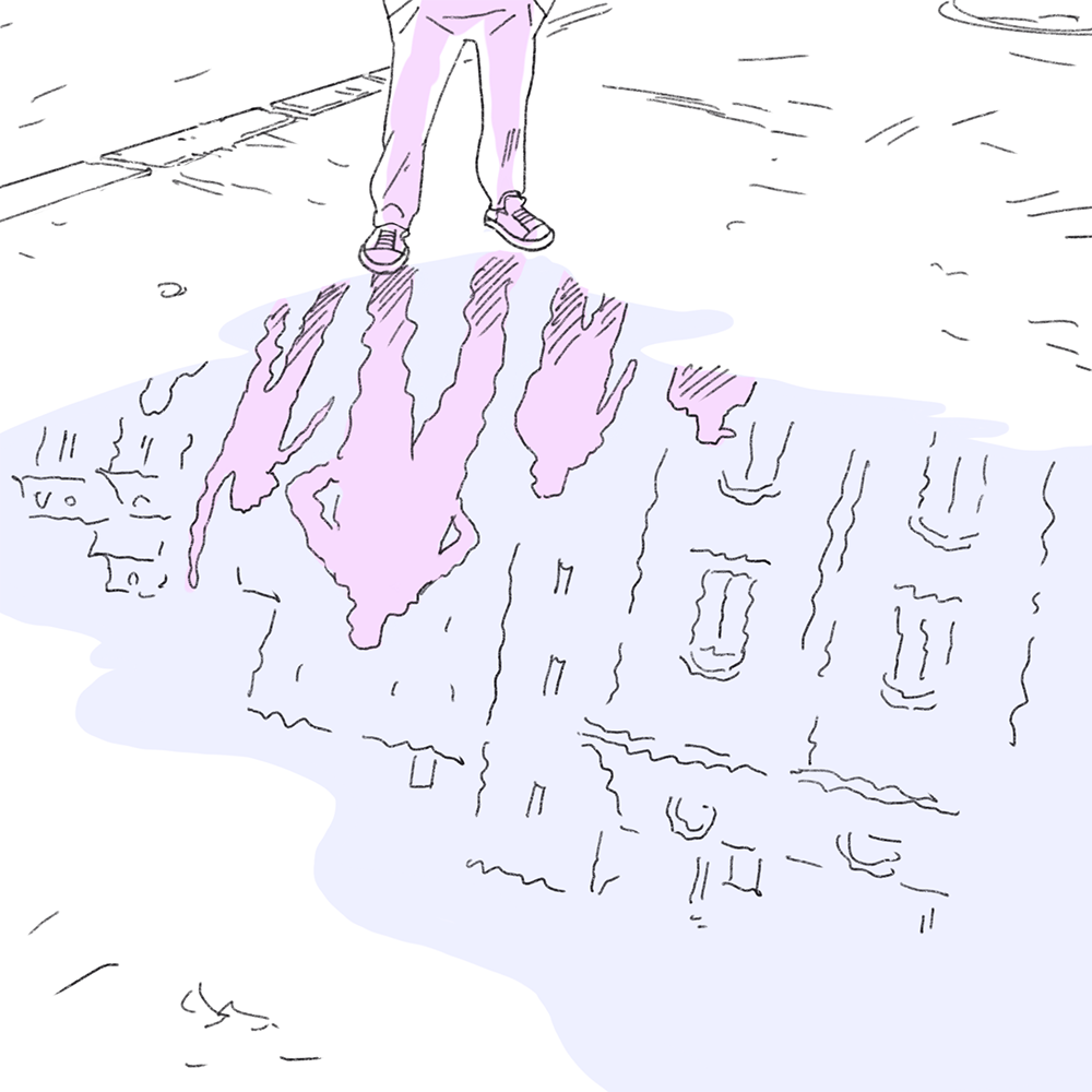 Illustration des pieds d'une personne devant une flaque d'eau et le reflet de la personne dans la flaque d'eau avec les silhouettes d'autres personnes à côté et les contours des bâtiments