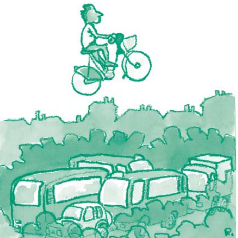 Illustration représentant un individu à vélo passant au-delà du traffic automobile