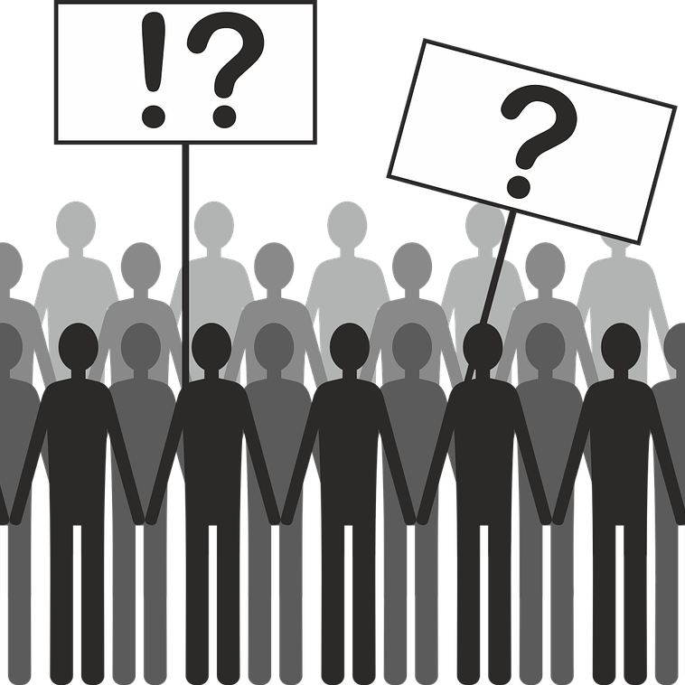 Illustration représentant un groupement d'individus portant des pancartes sur lesquelles des points d'interrogations et d'exclamations sont dessinés