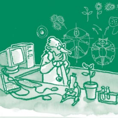 Illustration représentant un scientifique derrière son bureau sur lequel est posé un ordinateur, un microscope une plante, et derrière un tableau sur lequel sont dessinés des schémas à la craie blanche