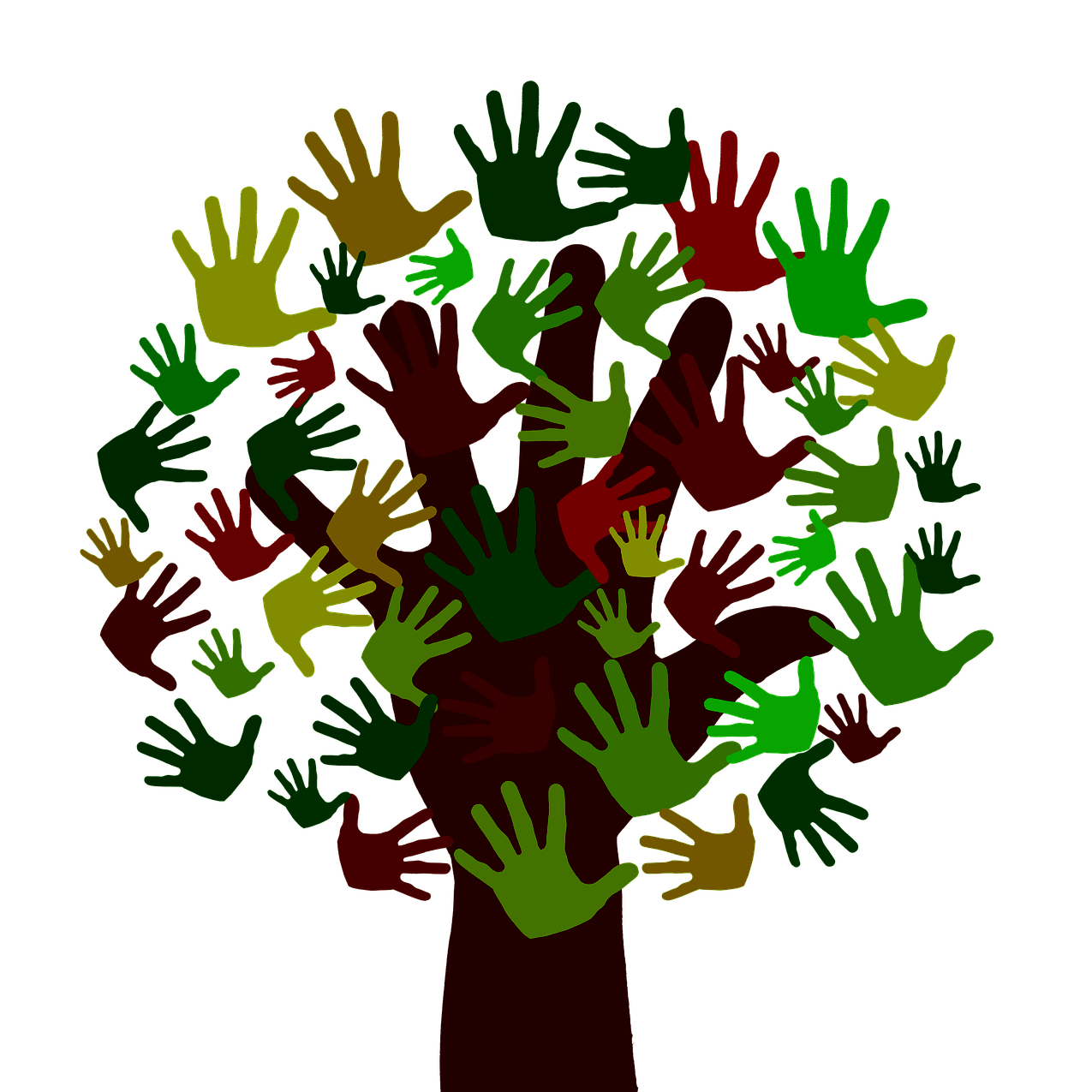 Illustration représentant un arbre dont le feuillage est fait de mains. 