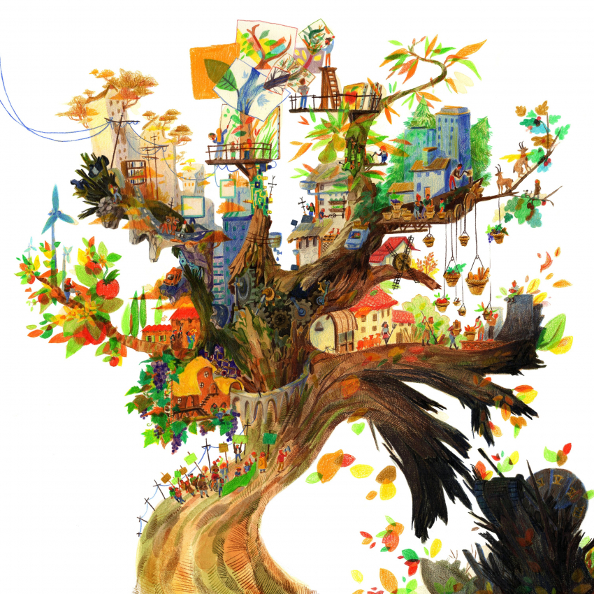 Illustration d'un arbre avec plusieurs activités humaines sur les branches