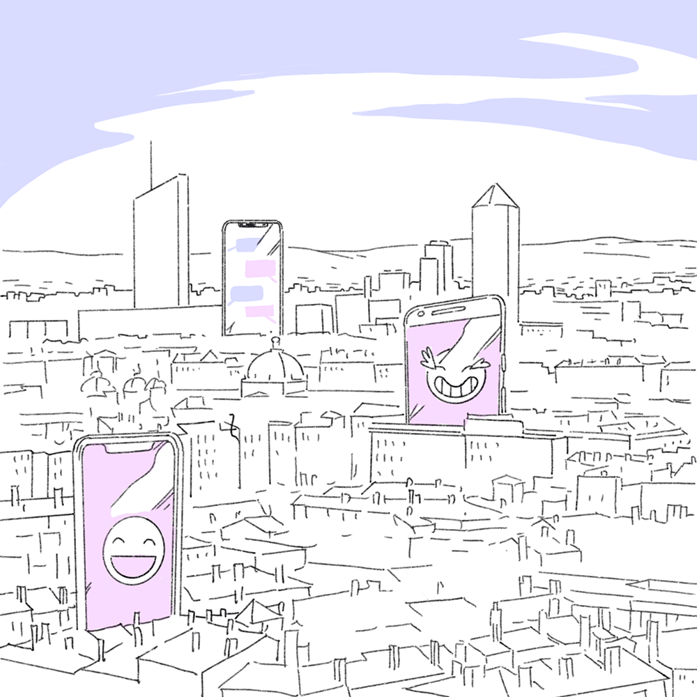Illustration de Lyon et des toits des bâtiments, montrant les quatre gratte-ciels et parmi eux des écrans de smartphone avec des emojis et des textos