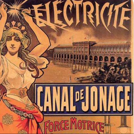 Extrait d'une affiche présentant une représentation de la fée électricité au-dessus du Canal de Jonage