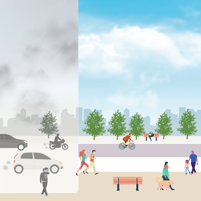 Illustration montrant un air pollué par les voitures puis un air sain sans véhicule