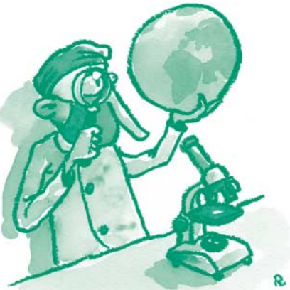Illustration d'un scientifique observant un globe terrestre à l'aide d'une loupe