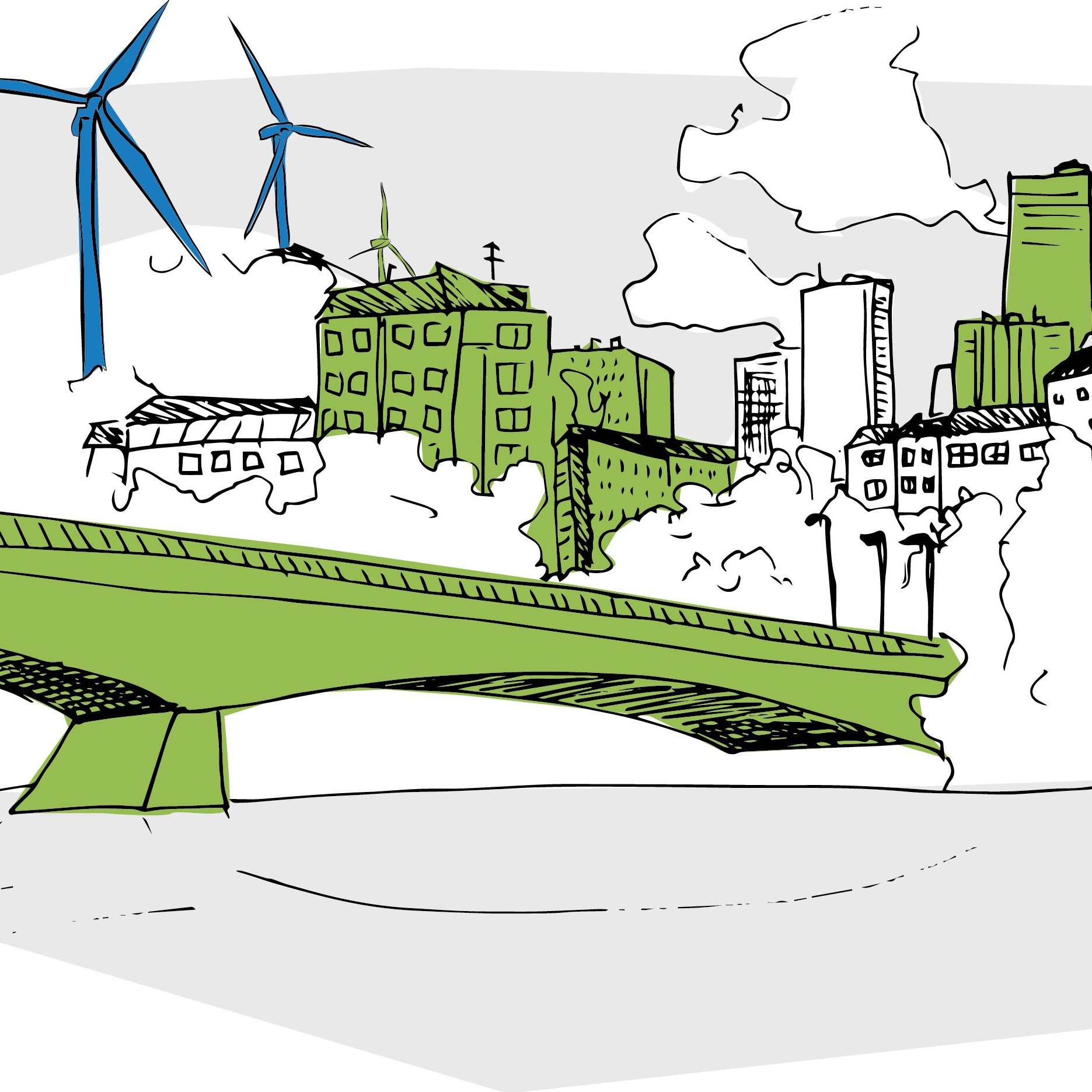Illustration représentant une ville dans laquelle il y a des éoliennes
