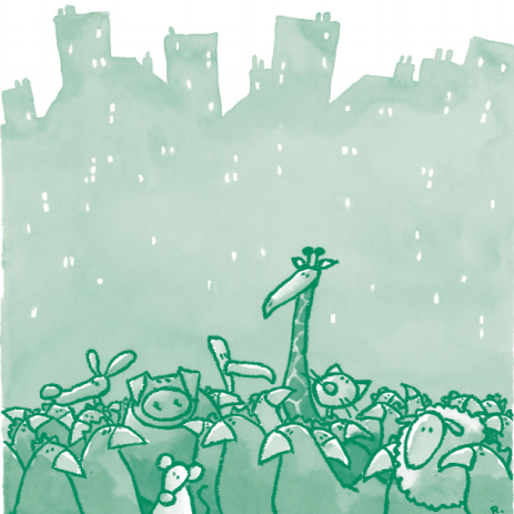 Illustration représentant un groupement d'animaux (giraffes, kangourous, poules, moutons, souris) sur fond de ville