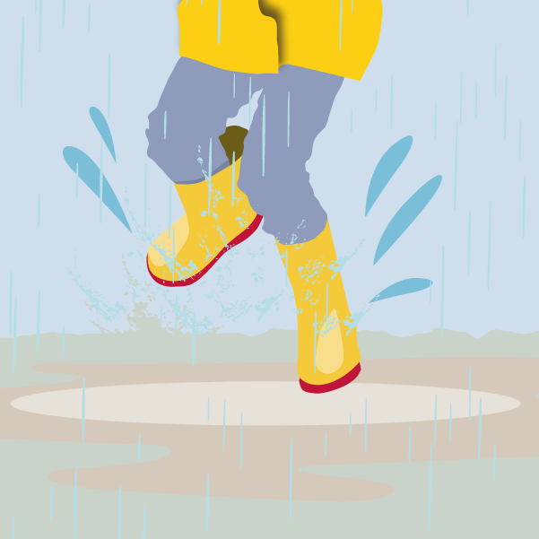 Une image représente la moitié inférieure d’un enfant en ciré jaune et en bottes de caoutchouc, qui semble danser dans une flaque boue, sous la pluie.