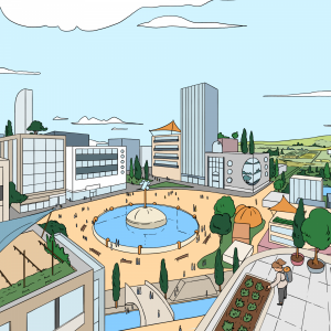 Illustration d'une ville avec une fontaine au centre