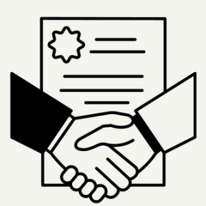 Illustration de deux mains qui se serrent devant un contrat