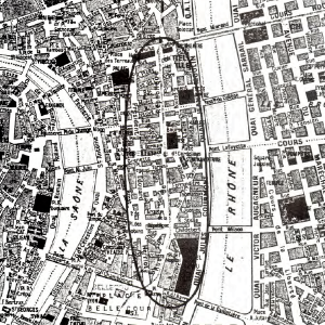 Plan de Lyon sur lequel la Rue de la République est mise en évidence