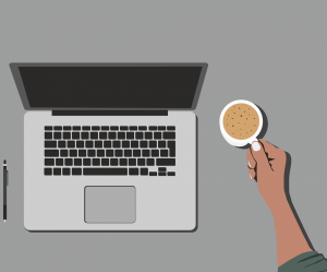 Illustration représentant un individu travaillant sur ordinateur avec une tasse de café
