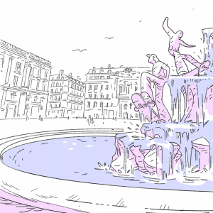 Illustration de la fontaine de la Pace des Jacobins à Lyon avec à la place des statues au centre des skateurs