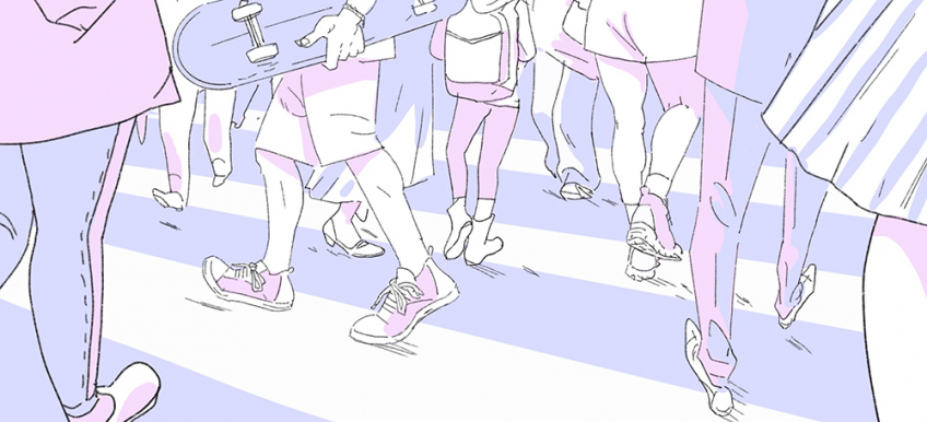Illustration des pieds de plein de gens qui sont en train de traverser un passage piéton
