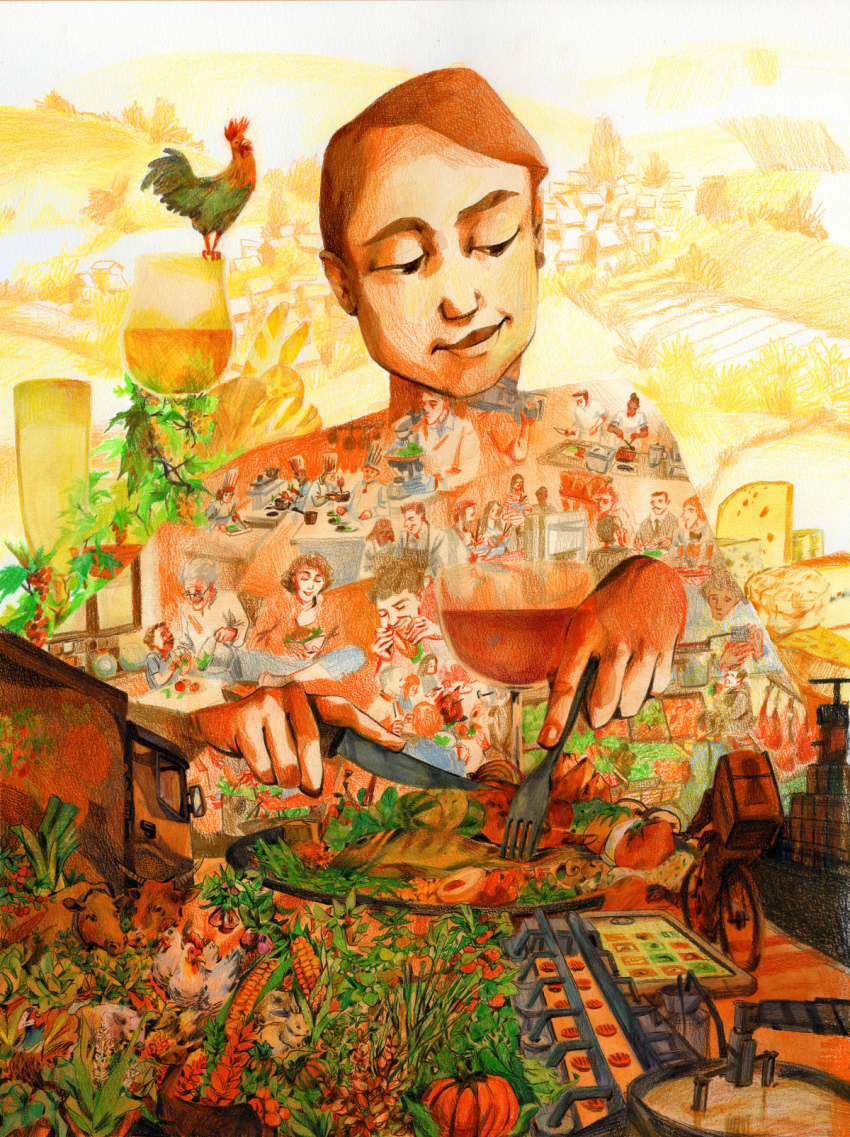 Illustration d'une personne mangeant avec les différents éléments de la production alimentaire autour