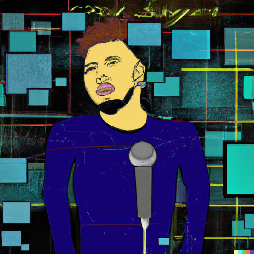 Illustration de chanteur devant un micro en train de chanter. Dans le fond : des carrés rappelant les écrans et l'environnement numérique