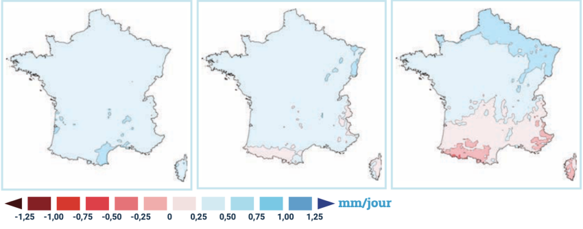 3 cartes de la France pour 3 scénarios. Les températures restent stable pour les deux premier scénarios. Pour le troisième, une forte hausse des chaleurs est constaté.
