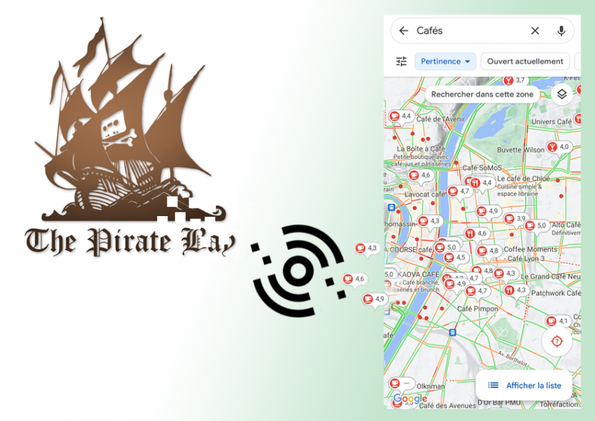 à gauche le logo du site de téléchargement illicite The pirate bay; transition vers la droite avec une capture d'écran de l'interface de Google Maps montrant des cafés à Lyon et leurs notations