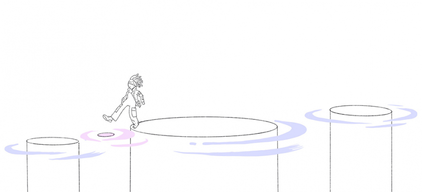 Illustration d'une personne qui est en train de marcher sur des piliers dans l'eau et de faire un pas vers un trou