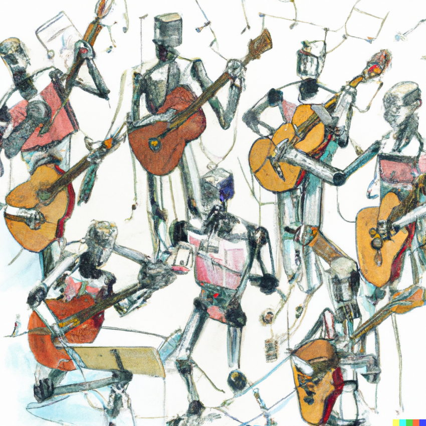 Illustration de robots en train de jouer sur des instruments de musique