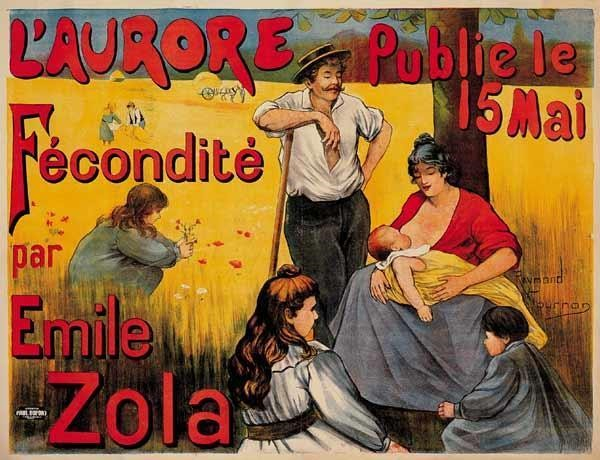 Illustration d'une famille dans un champs avec les écritures "L'aurore publie le 15 mai "Fécondité" par Emile Zola"