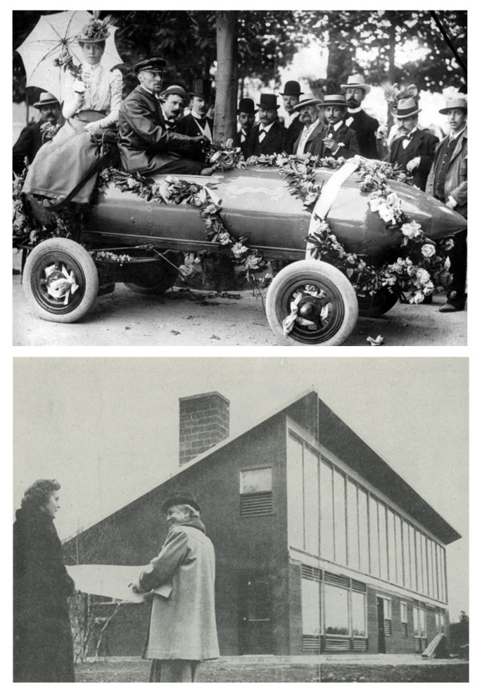 Deux photographies montrant une voiture à propulsion électrique et une maison chauffée à l'énergie solaire