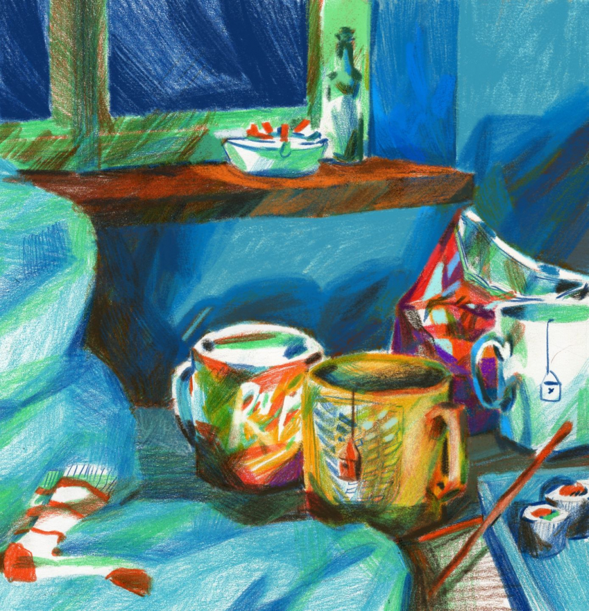 Illustration d'un cendrier et de mugs