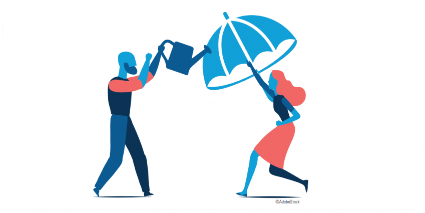 Illustration représentant un homme portant un arrosoir face à une femme portant un parapluie