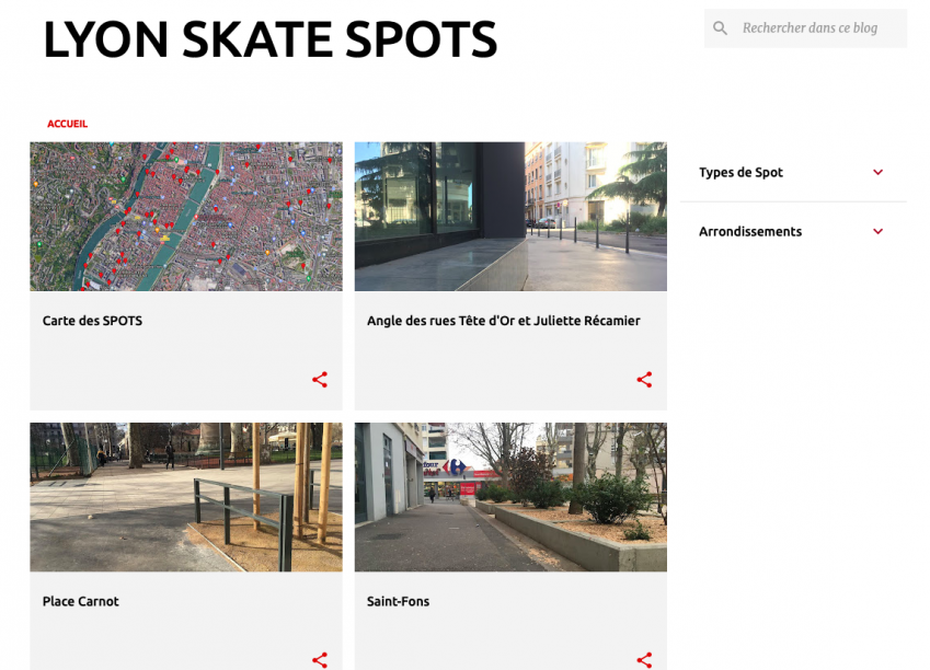 Capture d'écran d'une page de site intitulée Lyon Skate Spots, barre de recherche en haut à droite, filtres "types de spot" et "arrondissements" en dessous, 4 spots : en haut à gauche - "Carte des spots" avec une capture de Street view de Lyon, en haut à droite - "Angle des rues Tête d'Or et Juliette Récamier" avec une photo de la rue et d'un bâtiment avec un vaste bord, en bas à gauche - "Place Carnot" avec une photo de la place, en bas à droite - "Saint-Fons" avec une photo d'une vaste rue et un Carrefour Market au bout