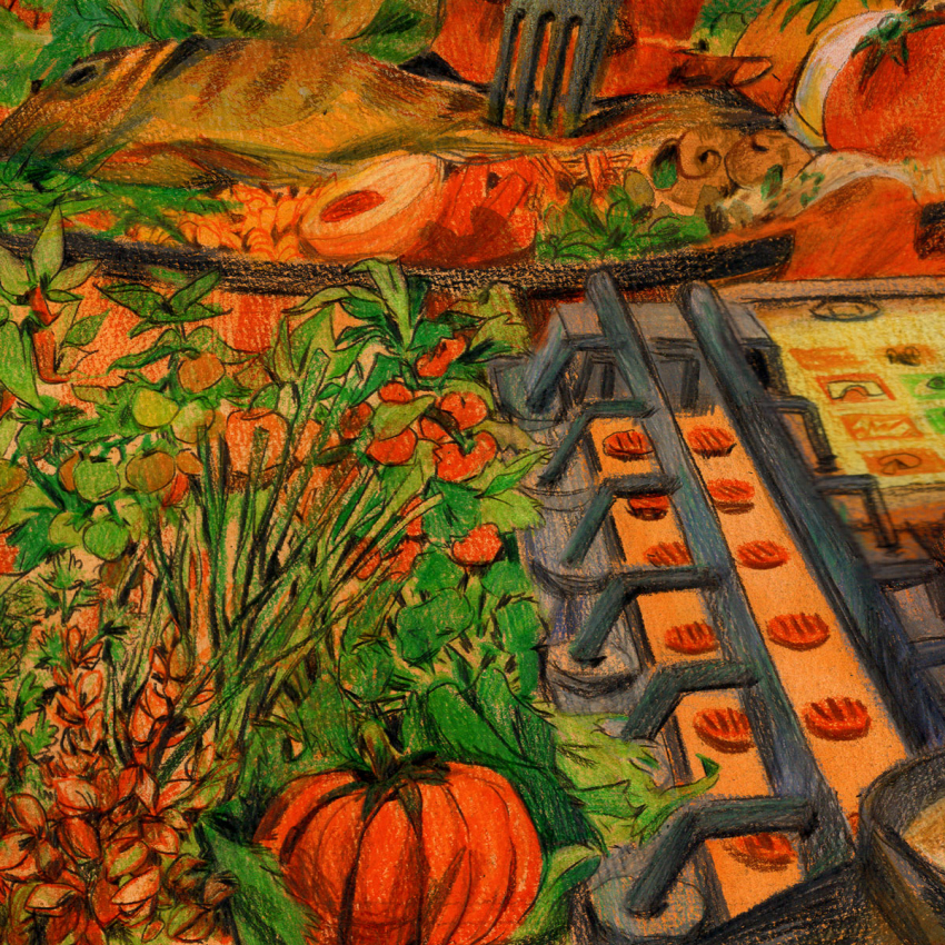 Illustration montrant des légumes et des industries alimentaires