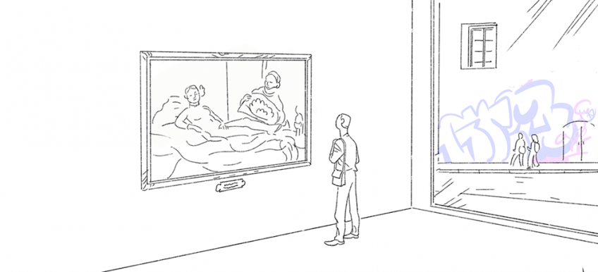 Illustration d'une personne dans une galerie ou un musée en train d'admirer un tableau représentant une personne couchée et une autre qui la sert, en arrière plan la vitrine montre l'extérieur où deux personnes sont en train de marcher à côté d'un bâtiment tagué avec des graffitis
