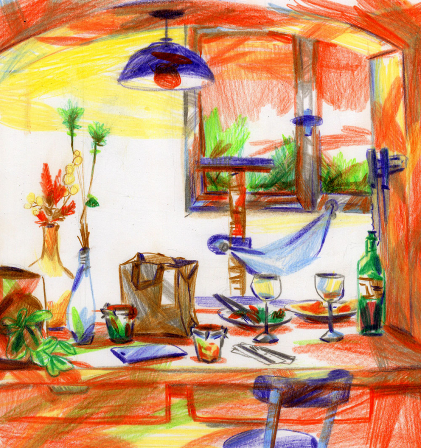 Illustration d'une table à manger avec deux chaises, en arrière plan un arbre à chat, sur la table, de la nourriture à emporter, deux boîtes de nourriture chinoise, deux verres à vin, deux assiettes, une bouteille de vin, un sac en papier de nourriture à emporter avec un ticket de caisse accroché dessus, deux vases avec des fleurs dedans, une plante et un téléphone portable posé sur la table