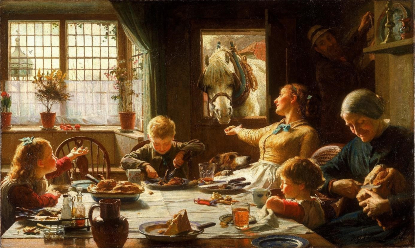 Peinture représentant une famille à table, avec la mère nourrissant un cheval par la fenêtre
